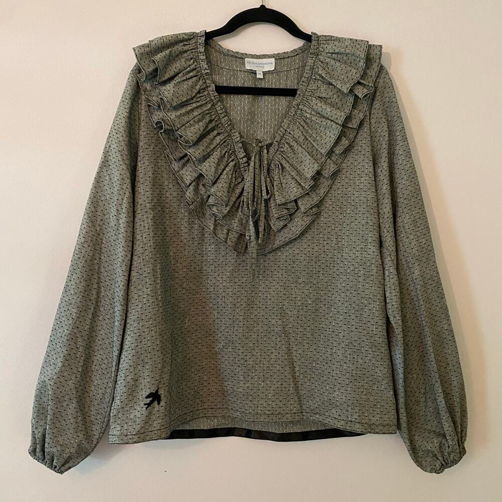 Mi Golondrina Mexico Gray Polka Dot Ruffle Peasant Blouse Long Sleeve Medium